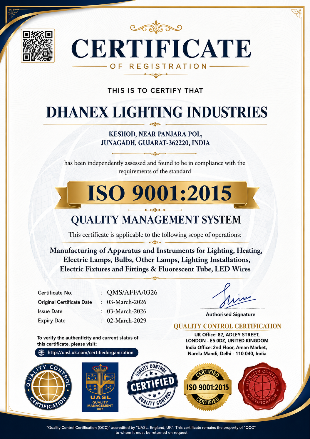 DHANEX Lighting Industries ISO 9001:2015 certificate